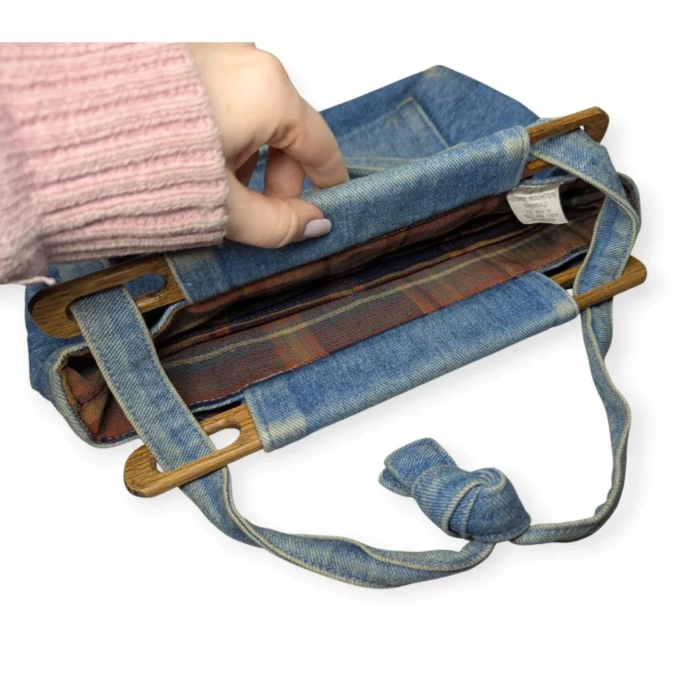 Ozark Mountain Handbags Casual Blue Denim Tote with Wooden Handles Plaid Lining